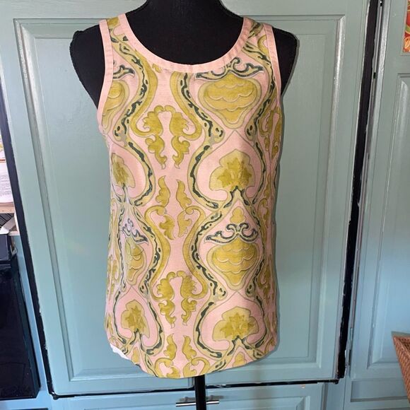 J. CREW SLEEVELESS silk top champagne, chartreuse, yellow pattern size 0 - Picture 1 of 6